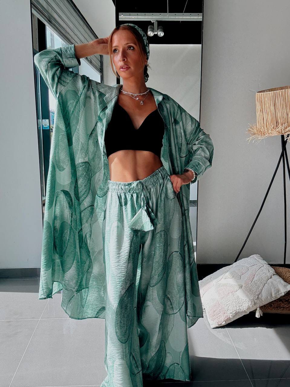 Ensemble Chemise Longue & Pantalon Fluide Imprimé Graphique Vert Sauge