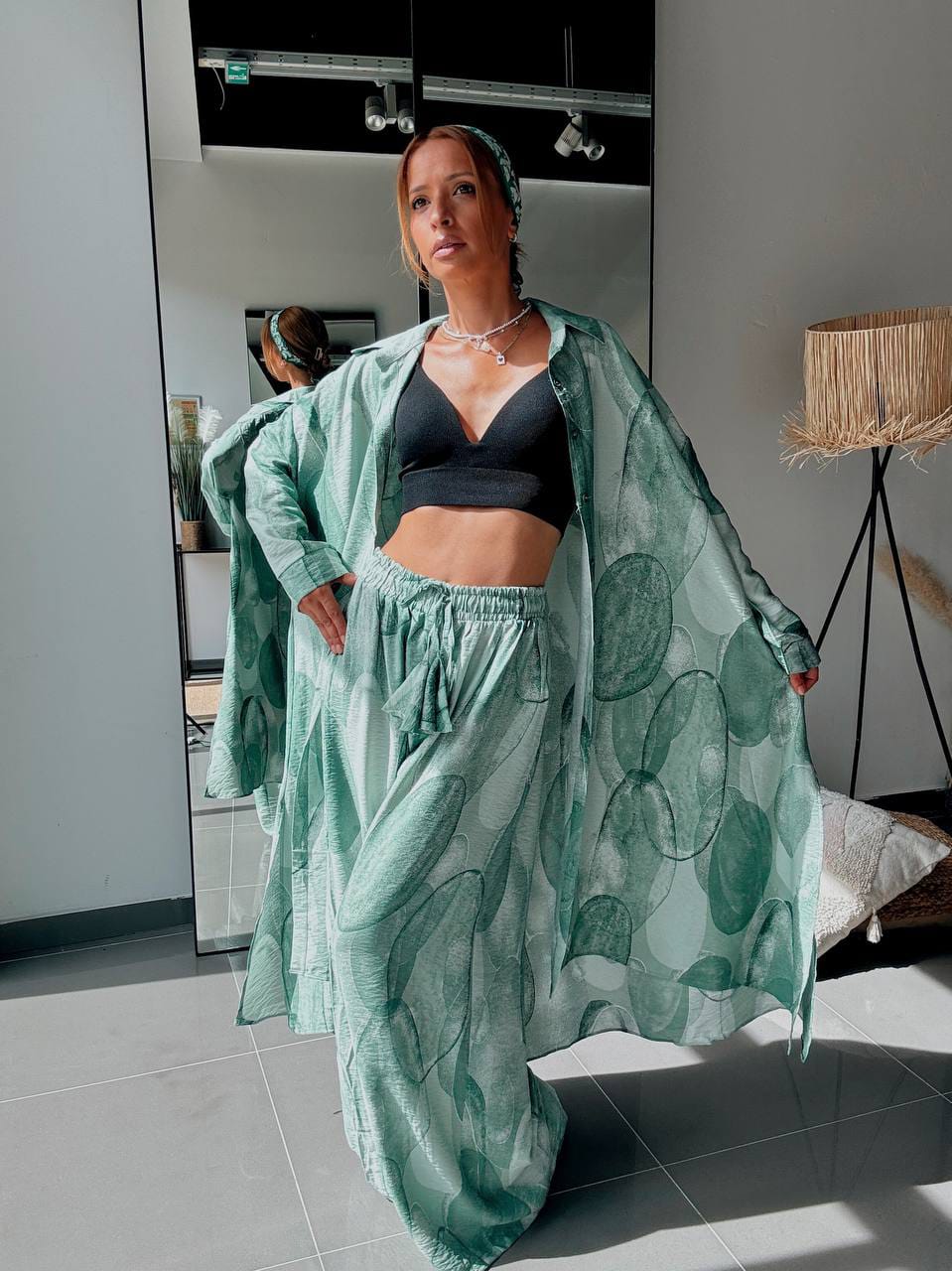 Ensemble Chemise Longue & Pantalon Fluide Imprimé Graphique Vert Sauge