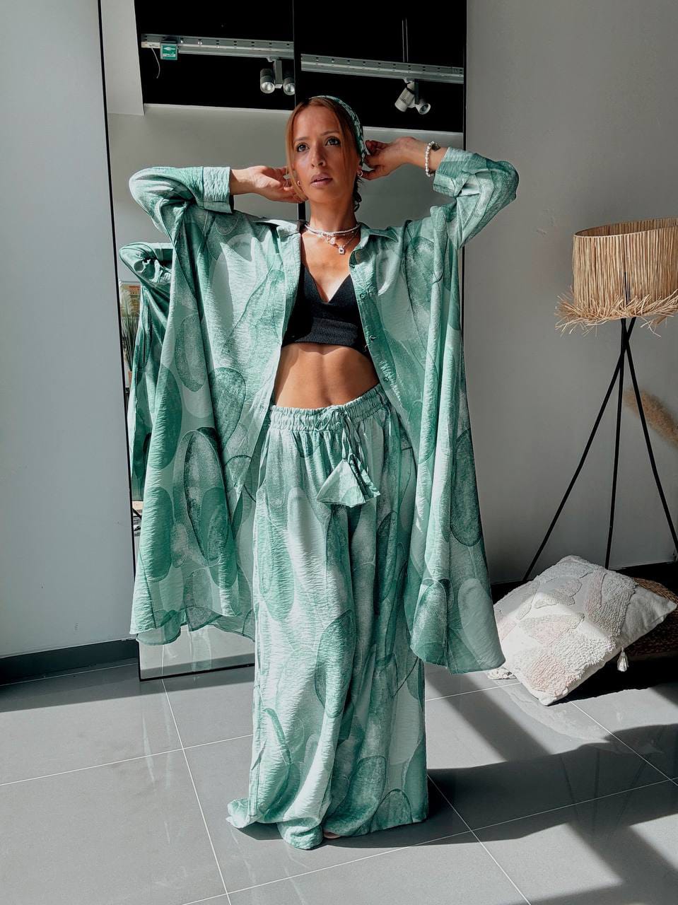 Ensemble Chemise Longue & Pantalon Fluide Imprimé Graphique Vert Sauge