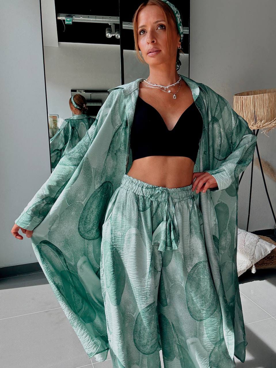 Ensemble Chemise Longue & Pantalon Fluide Imprimé Graphique Vert Sauge