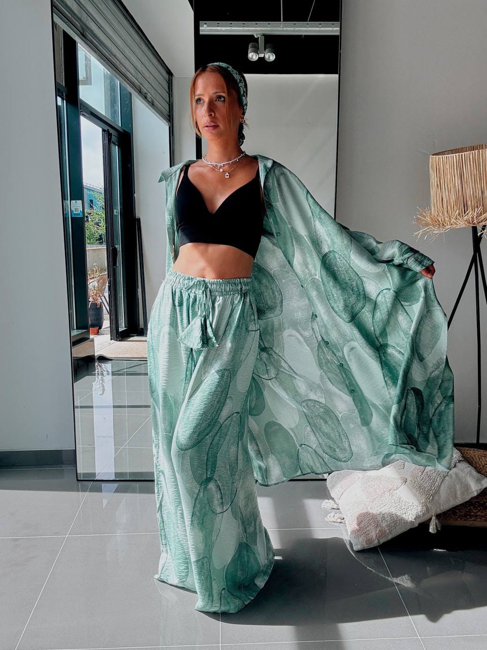 Ensemble Chemise Longue & Pantalon Fluide Imprimé Graphique Vert Sauge