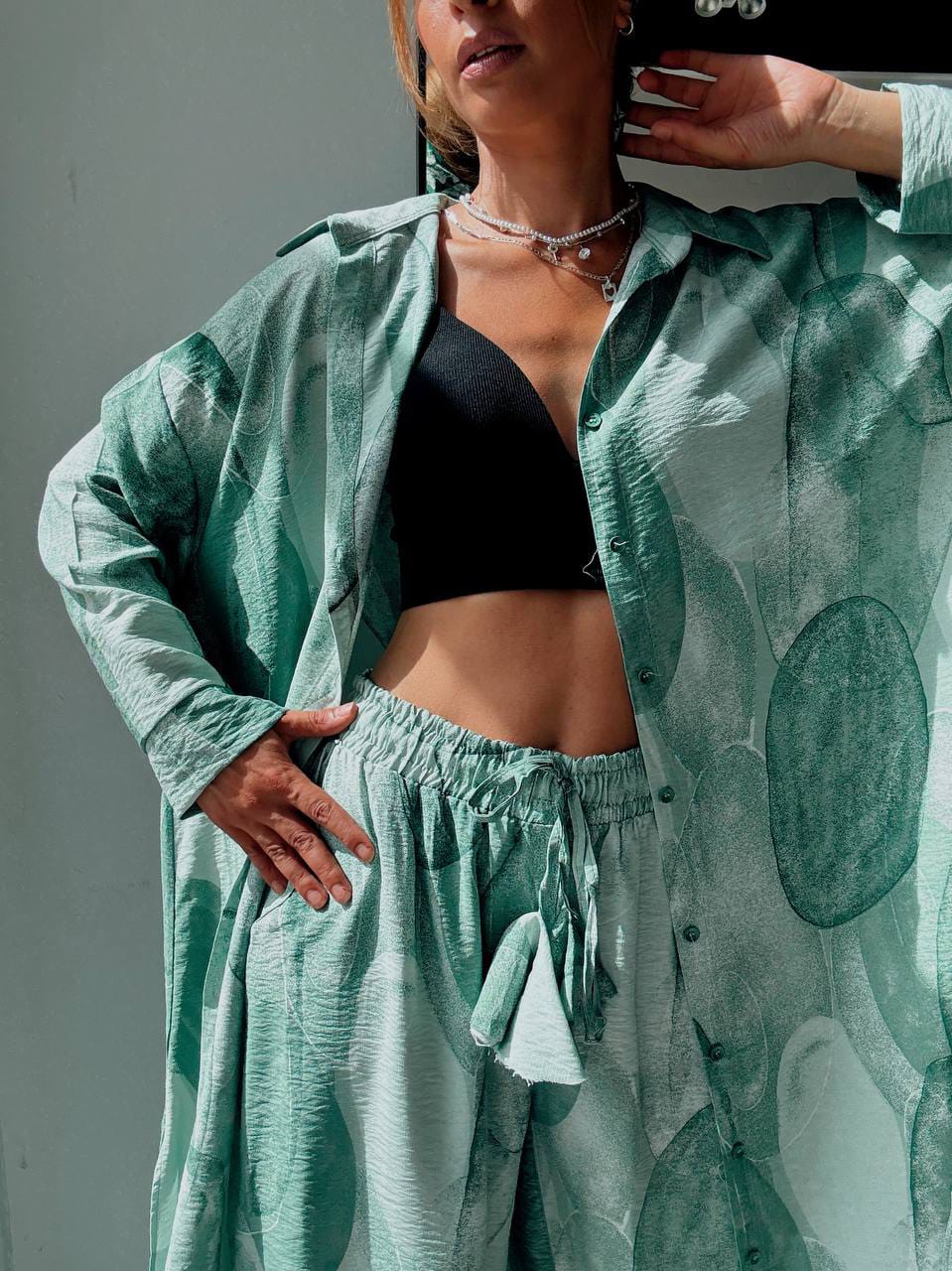 Ensemble Chemise Longue & Pantalon Fluide Imprimé Graphique Vert Sauge
