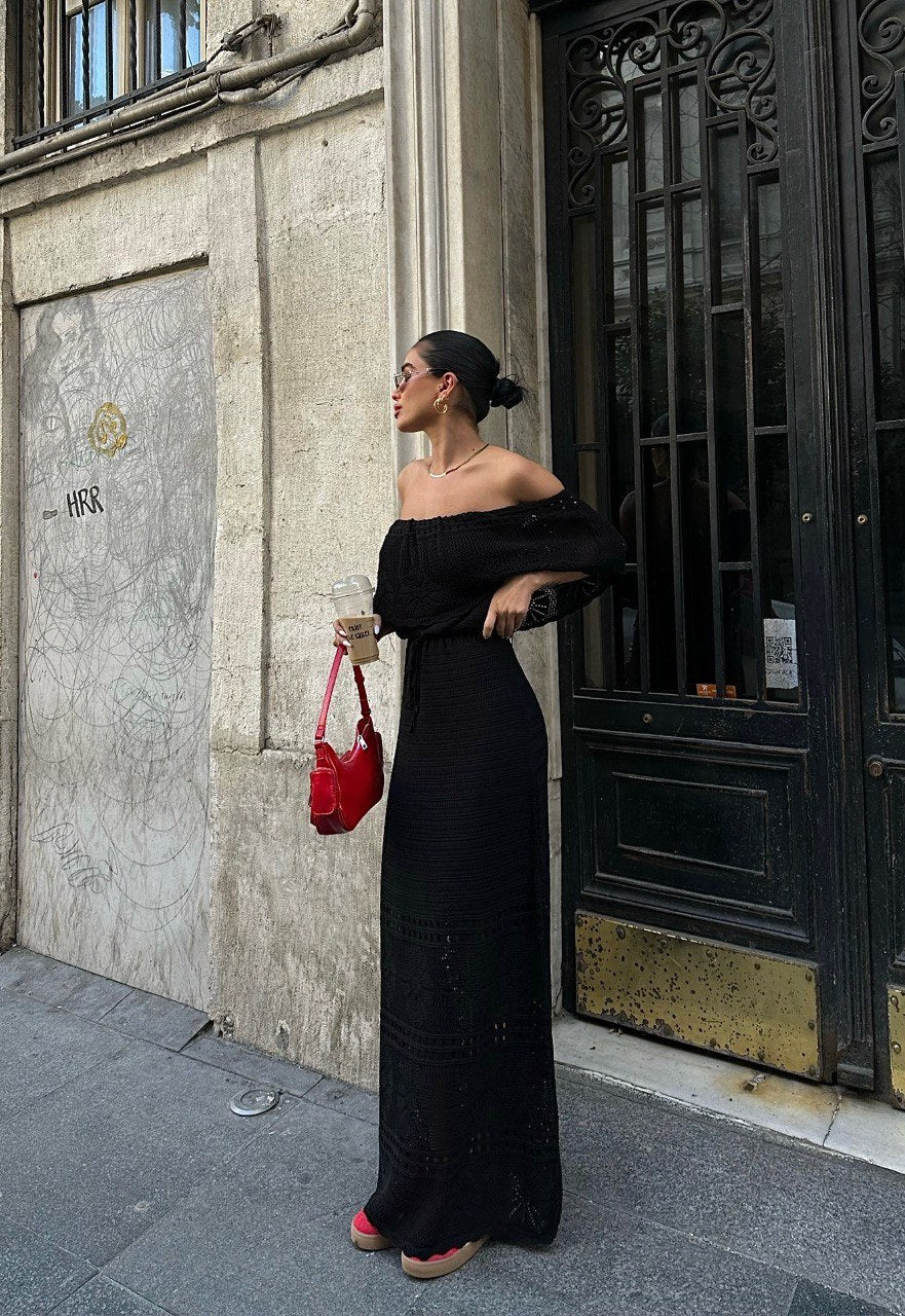 Robe Longue en Crochet Noir – Élégance Intemporelle - Fenomen Paris