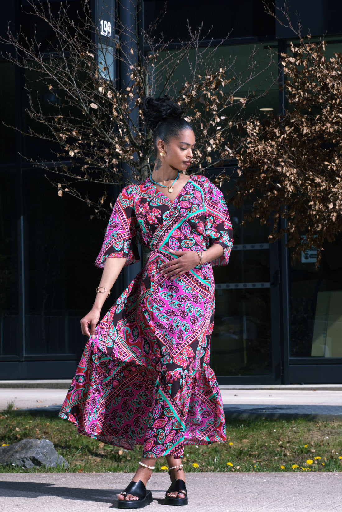 Robe longue bohème rose et turquoise à imprimé cachemire - AEL073-000-VI - Fenomen Paris