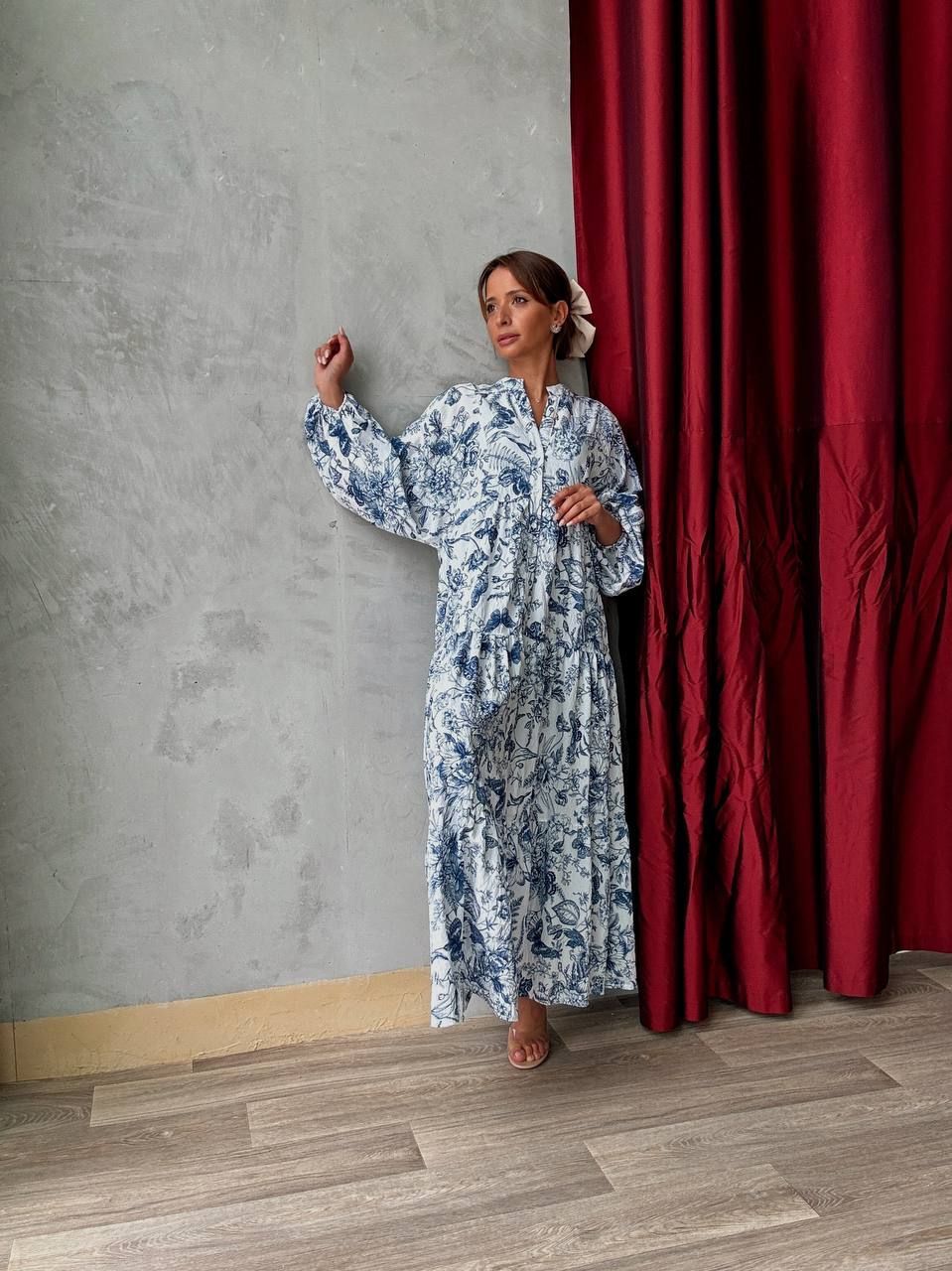 Robe longue blanche à imprimé bleu fleuri - AEL001-587-BB - Fenomen Paris