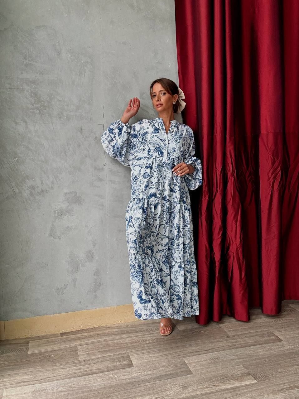 Robe longue blanche à imprimé bleu fleuri - AEL001-587-BB - Fenomen Paris