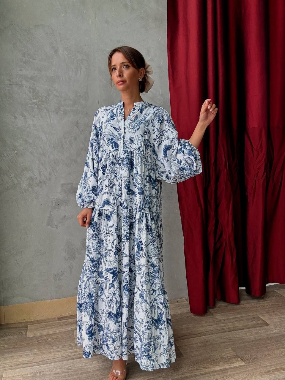 Robe longue blanche à imprimé bleu fleuri - AEL001-587-BB - Fenomen Paris