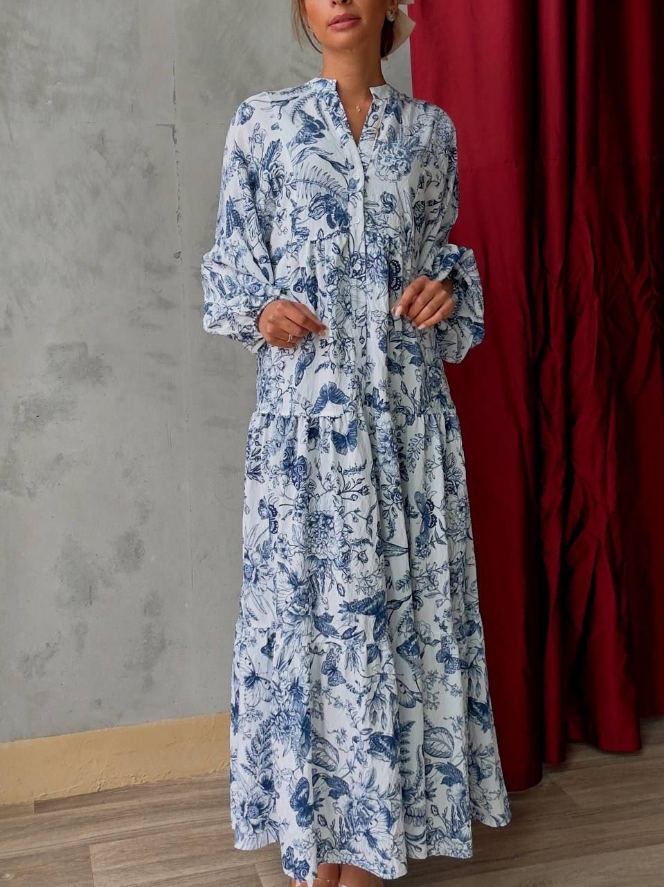 Robe longue blanche à imprimé bleu fleuri - AEL001-587-BB - Fenomen Paris