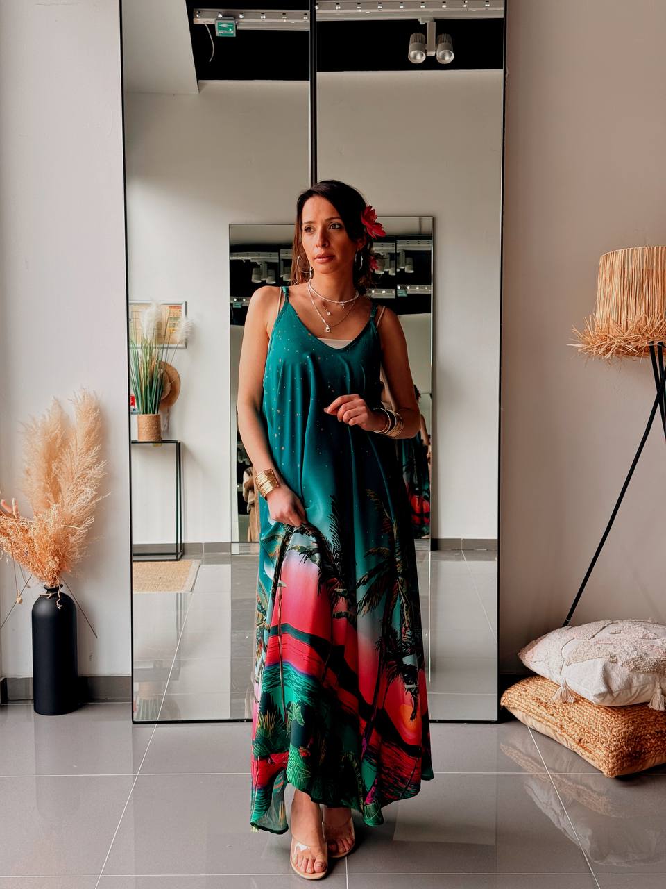 Robe longue bohème imprimée – Vert profond & coucher de soleil - Fenomen Paris