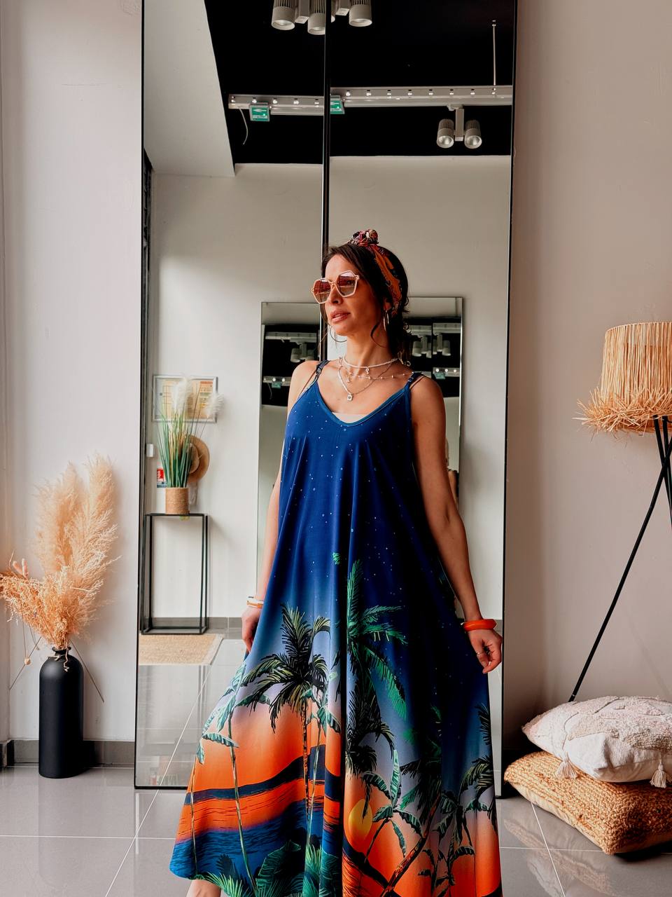 Robe longue bohème imprimée – Bleu nuit & coucher de soleil - Fenomen Paris