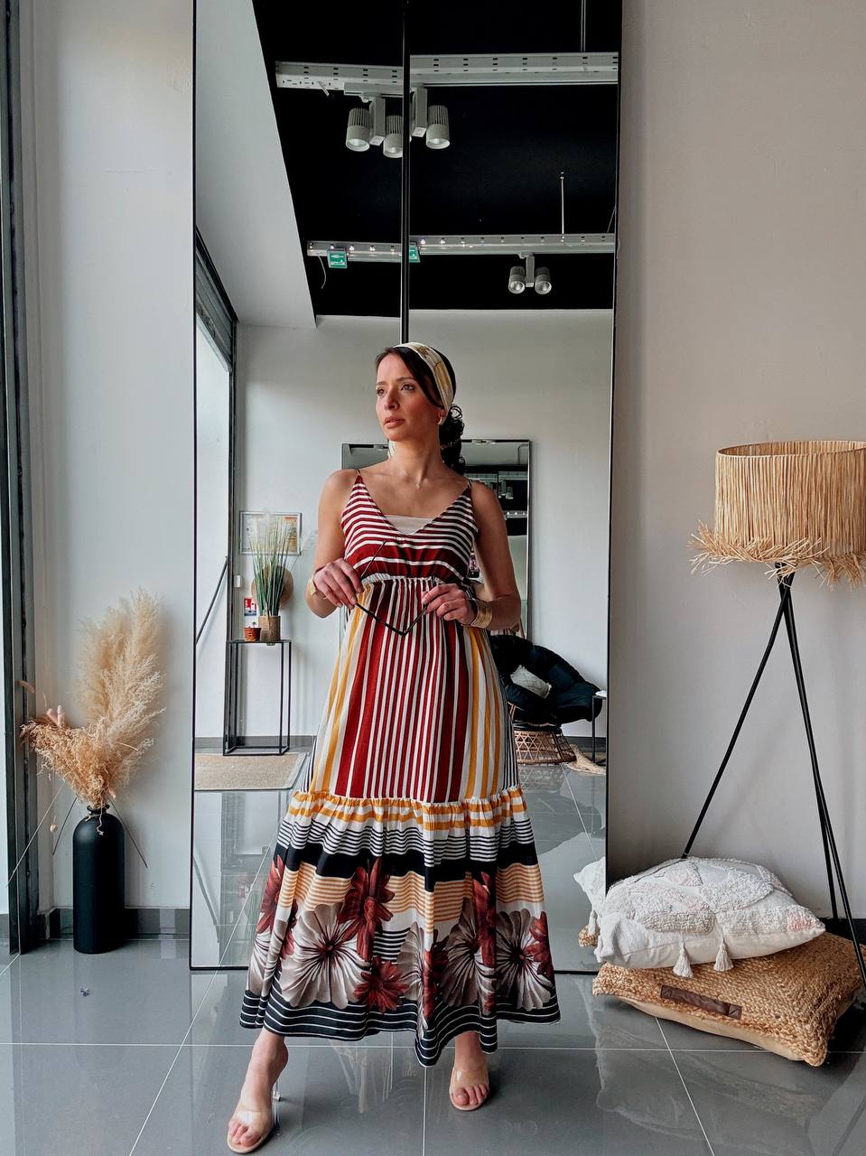 Robe Longue Bohème Multicolore – Imprimé Rayures & Floral-marron - Fenomen Paris