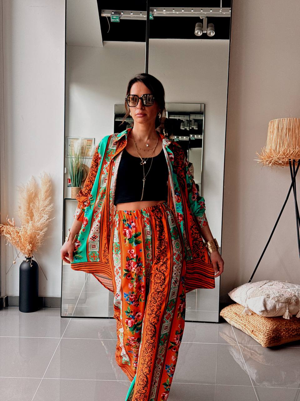 Ensemble Bohème Chemise & Pantalon – Imprimé Ethnique Floral-ORANGE - Fenomen Paris