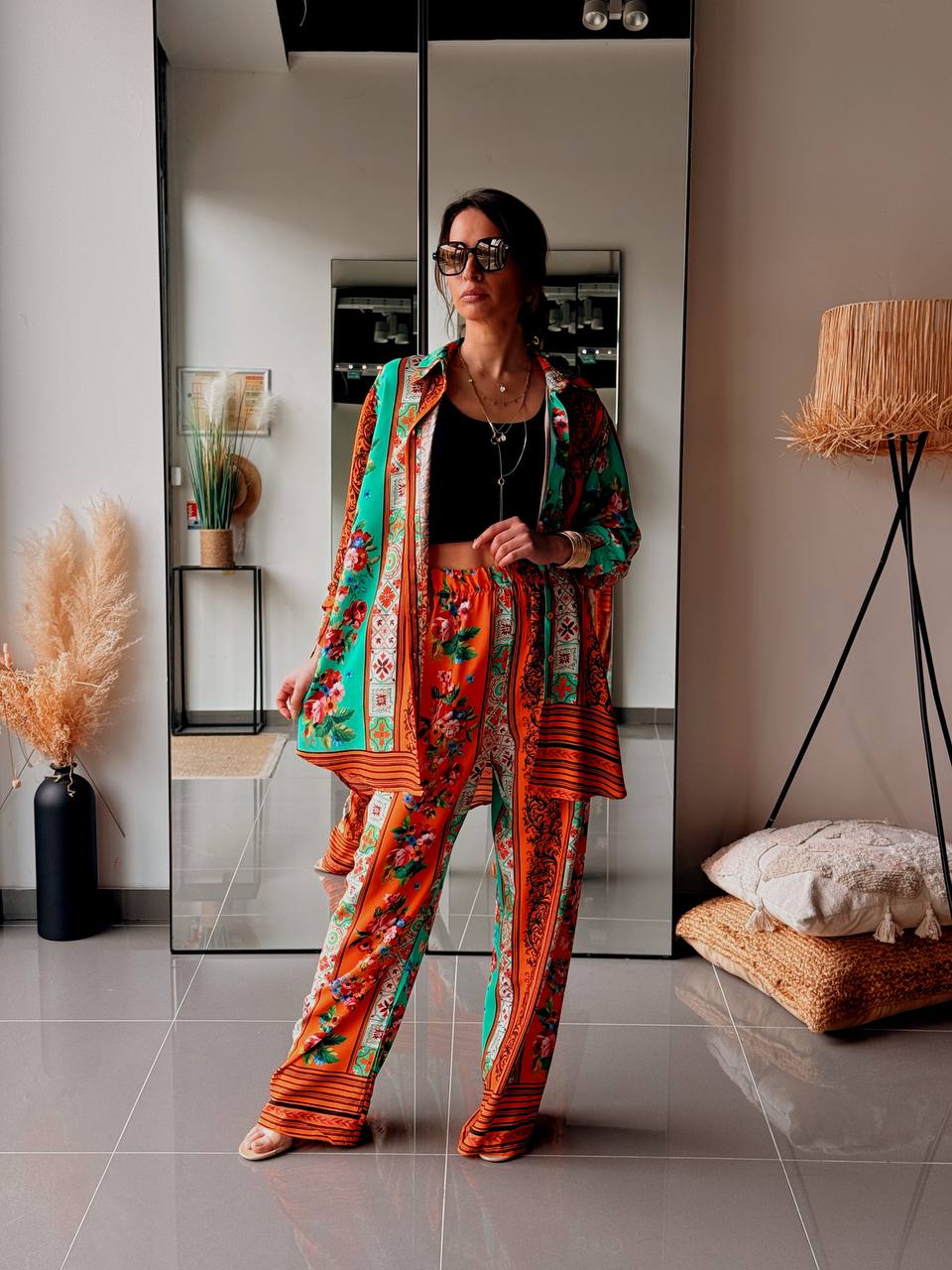 Ensemble Bohème Chemise & Pantalon – Imprimé Ethnique Floral-ORANGE - Fenomen Paris