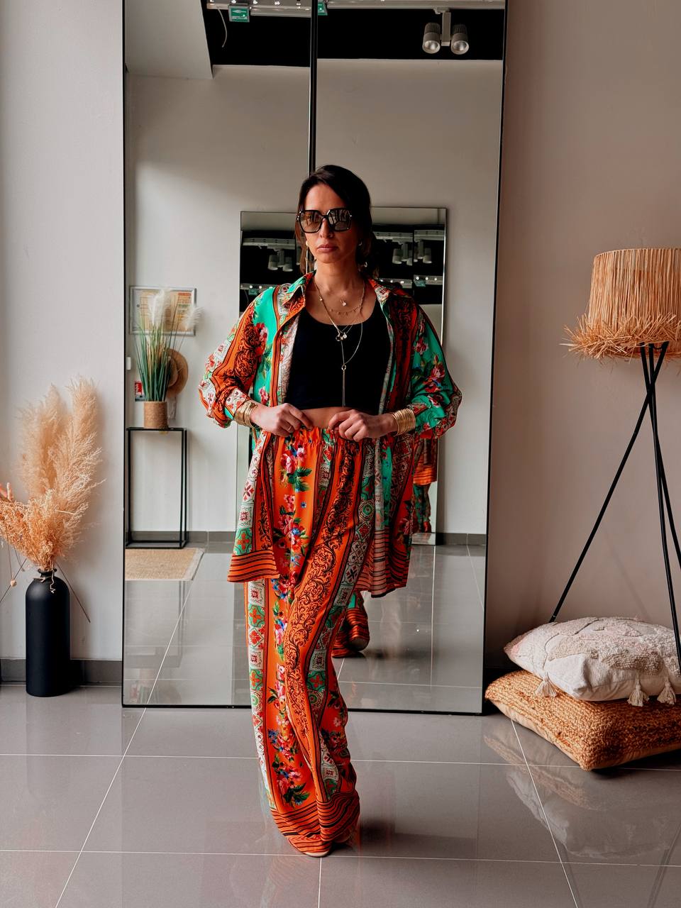 Ensemble Bohème Chemise & Pantalon – Imprimé Ethnique Floral-ORANGE - Fenomen Paris