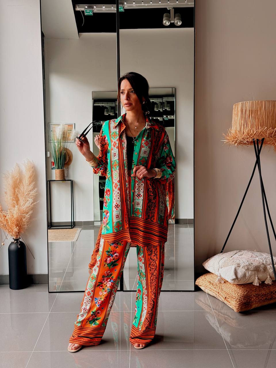Ensemble Bohème Chemise & Pantalon – Imprimé Ethnique Floral-ORANGE - Fenomen Paris