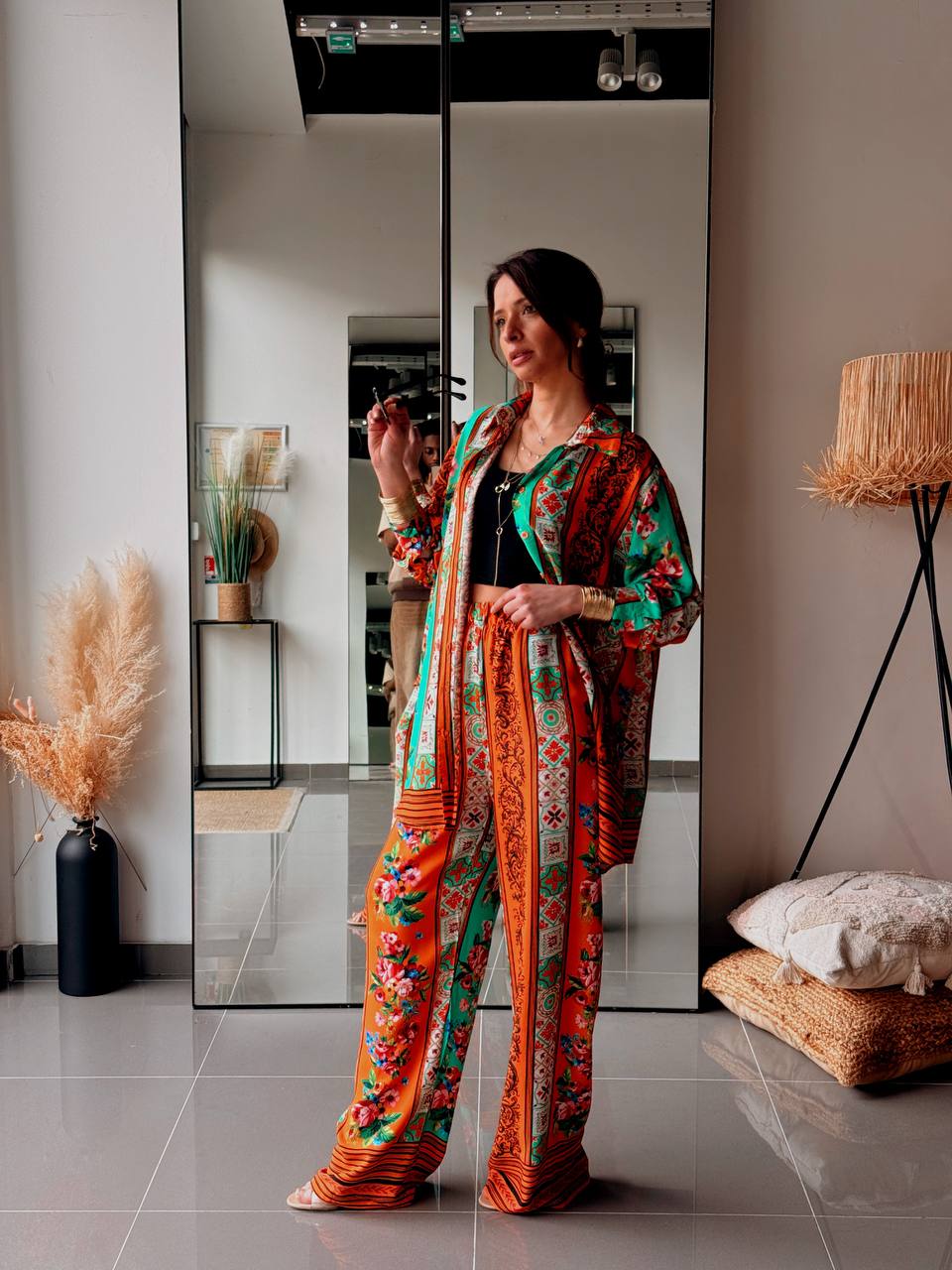 Ensemble Bohème Chemise & Pantalon – Imprimé Ethnique Floral-ORANGE - Fenomen Paris