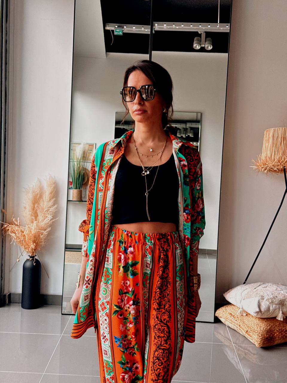 Ensemble Bohème Chemise & Pantalon – Imprimé Ethnique Floral-ORANGE - Fenomen Paris
