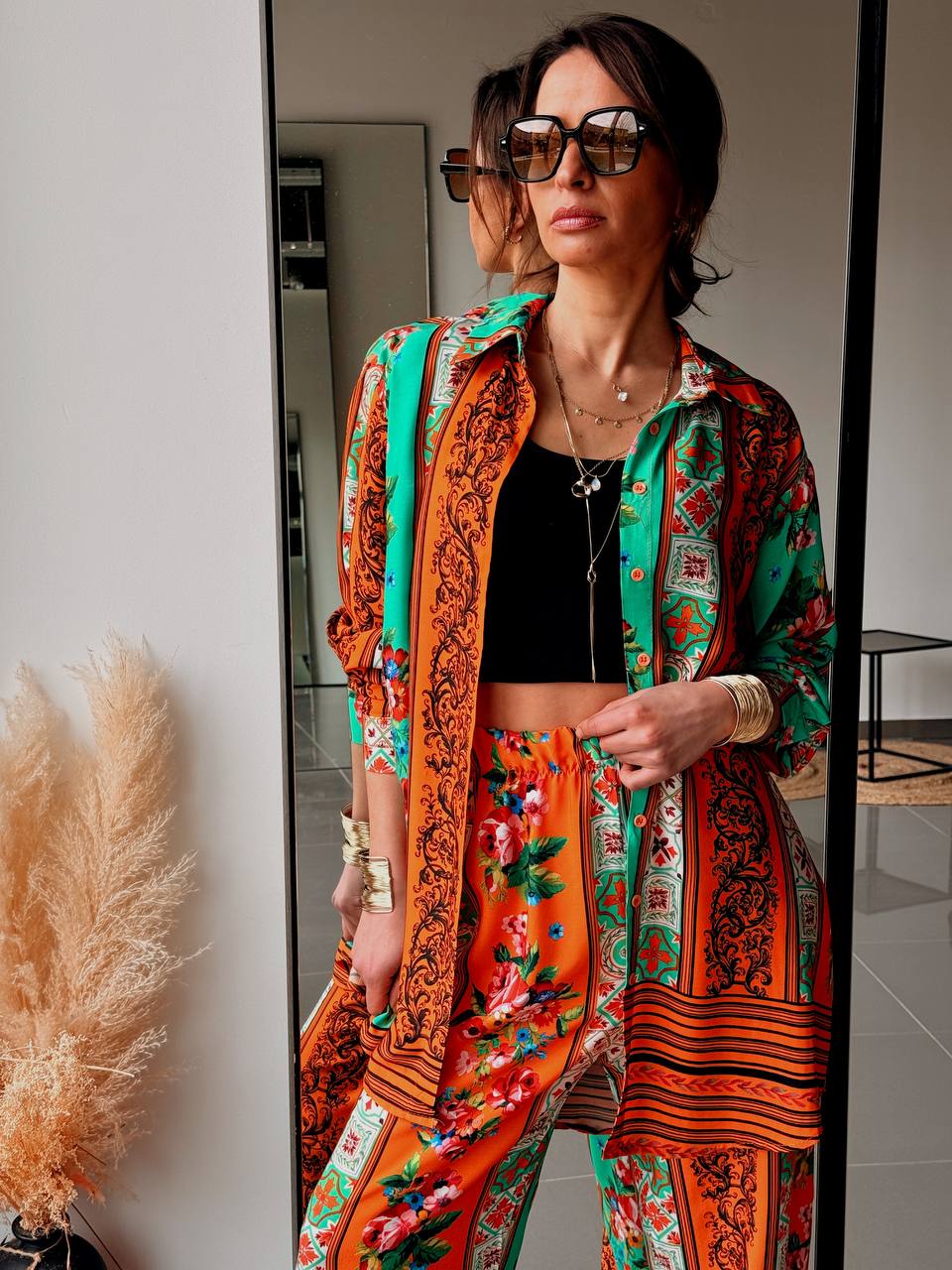 Ensemble Bohème Chemise & Pantalon – Imprimé Ethnique Floral-ORANGE - Fenomen Paris