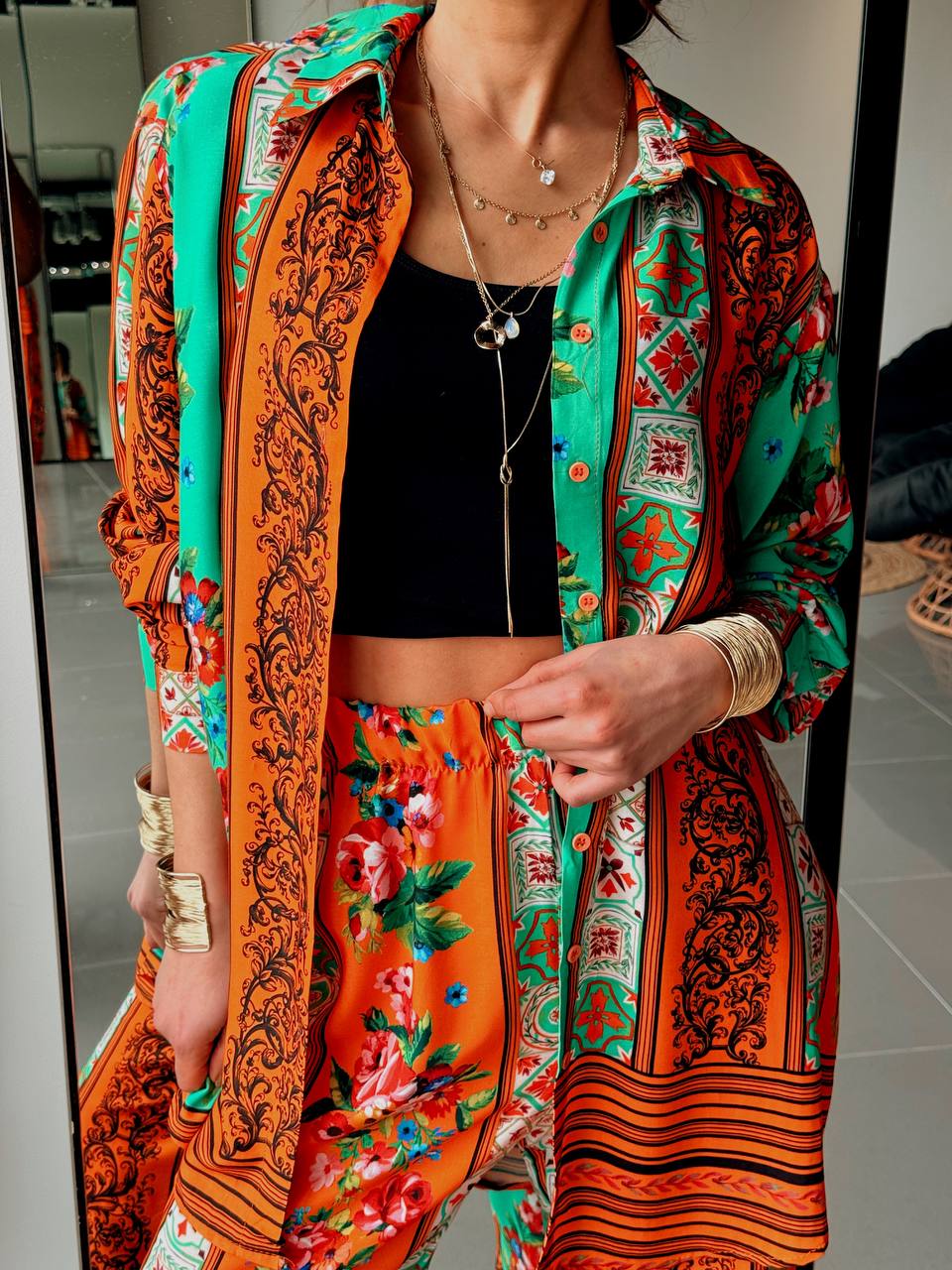 Ensemble Bohème Chemise & Pantalon – Imprimé Ethnique Floral-ORANGE - Fenomen Paris