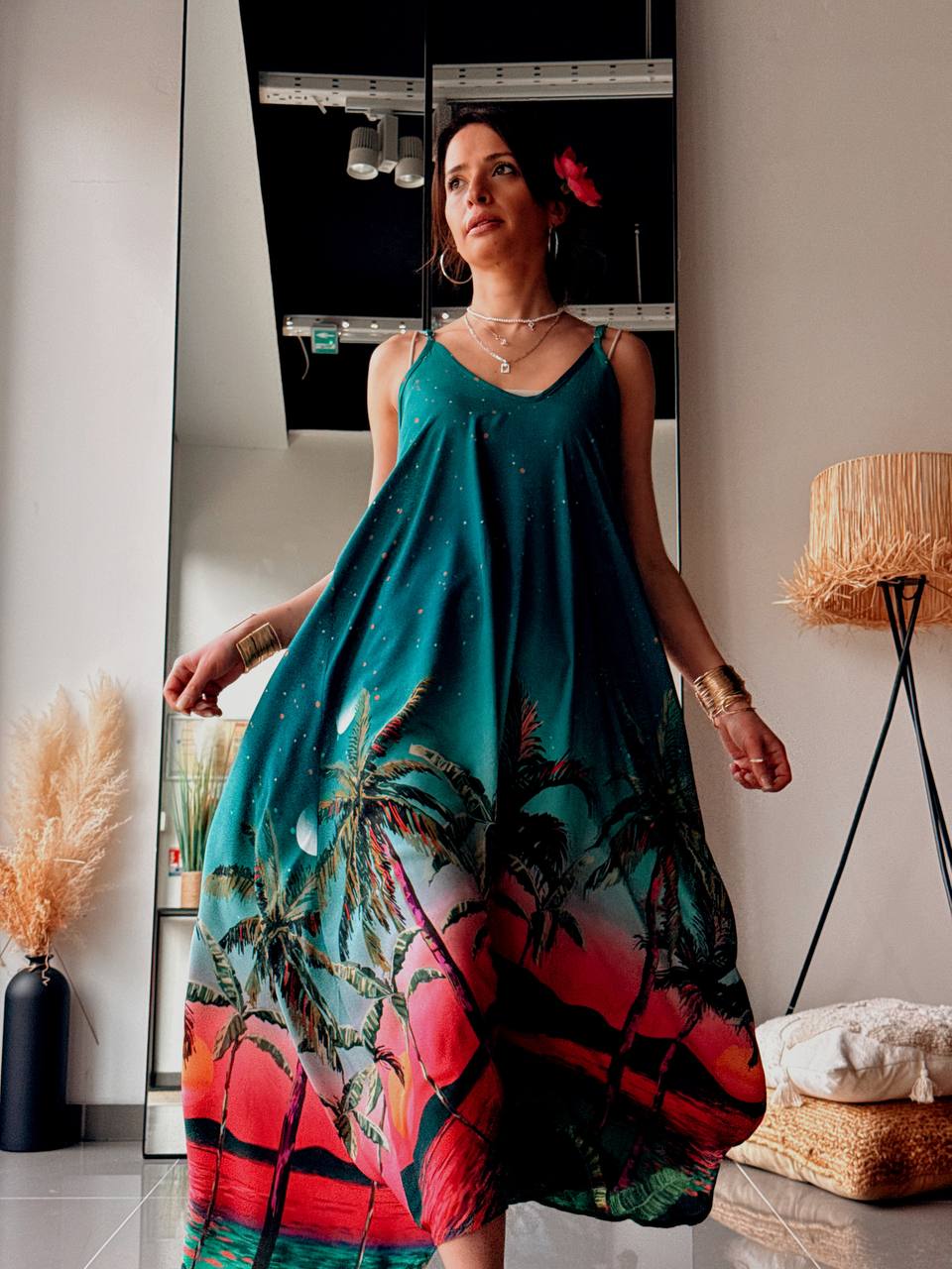 Robe longue bohème imprimée – Vert profond & coucher de soleil - Fenomen Paris