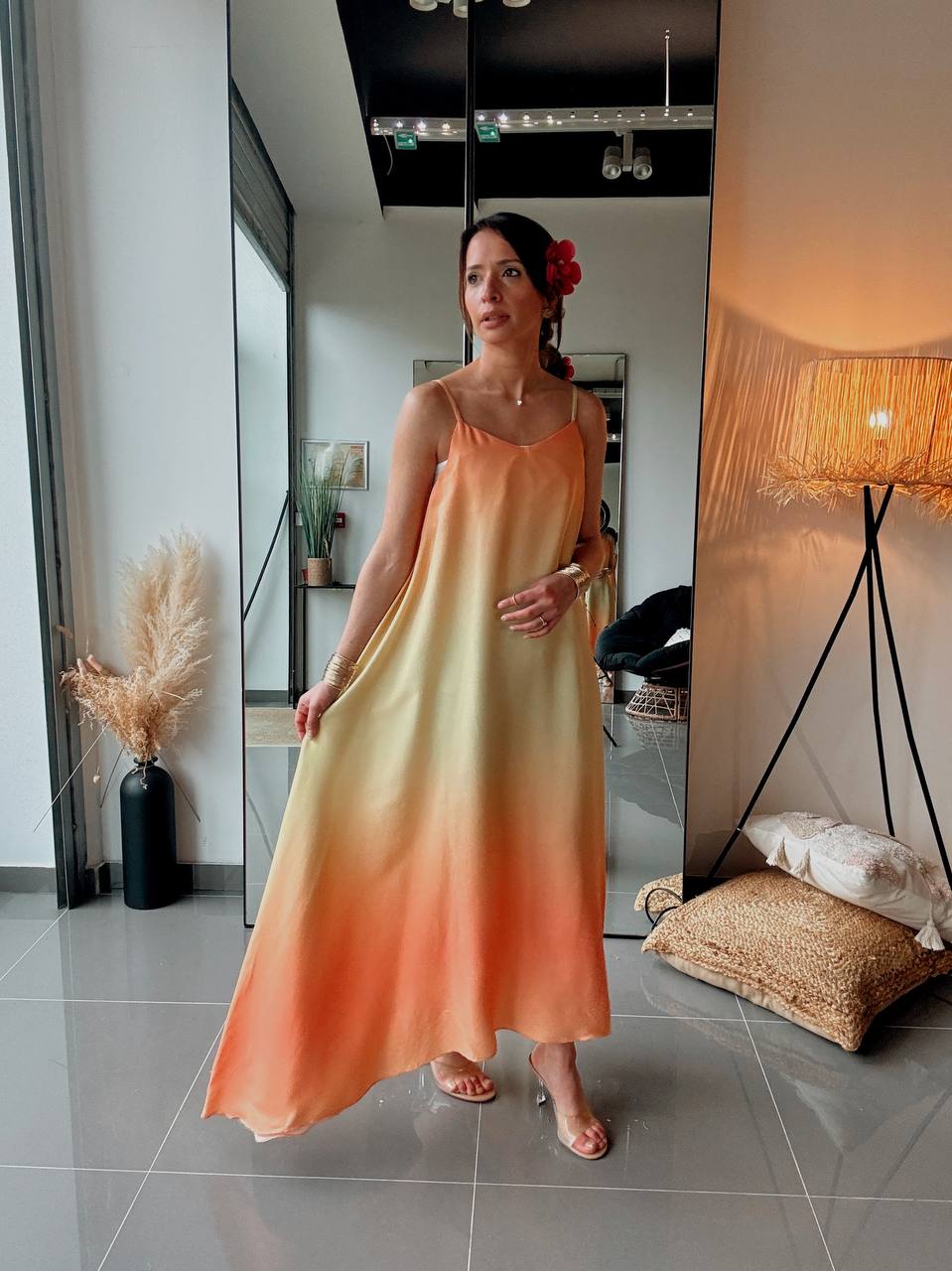 Robe longue fluide en viscose asymetrique - tie and die orange - Fenomen Paris