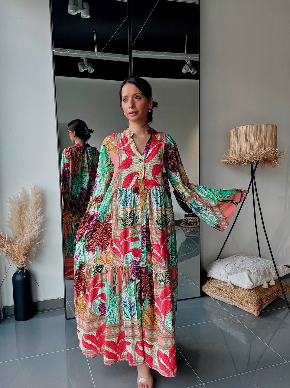 Robe longue bohème imprimée – Multicolore tropical-vert - Fenomen Paris