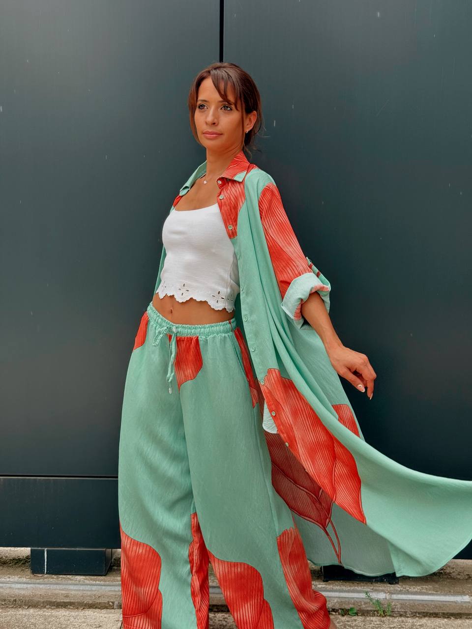 Ensemble chemise longue & pantalon – Imprimé graphique vert - Fenomen Paris