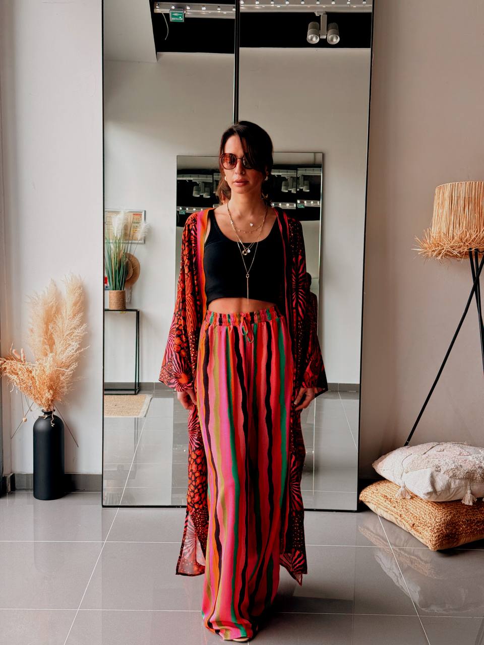 Ensemble long kimono & pantalon imprimé – orange - Fenomen Paris