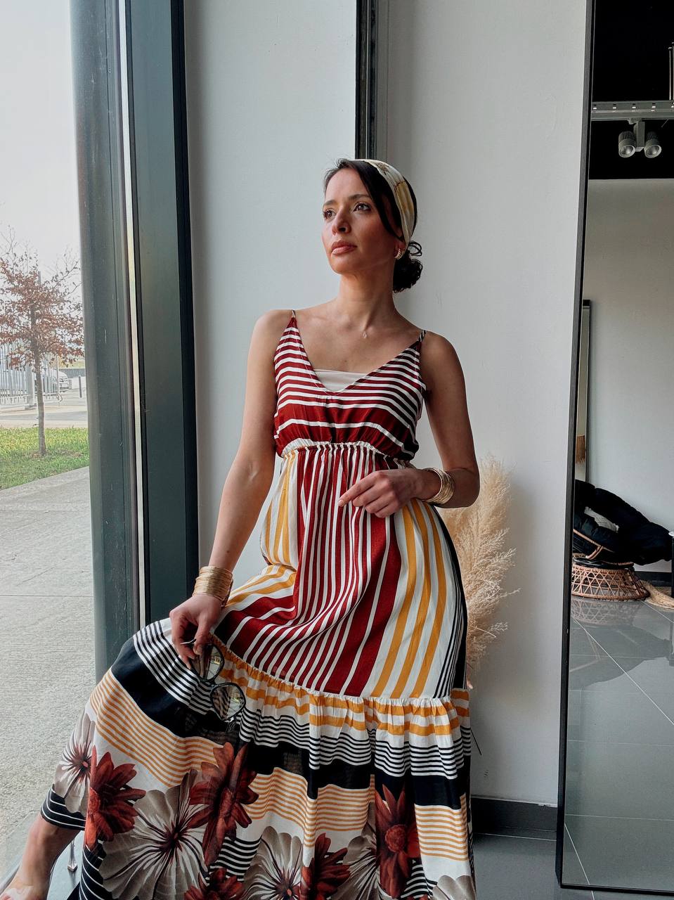 Robe Longue Bohème Multicolore – Imprimé Rayures & Floral-marron - Fenomen Paris