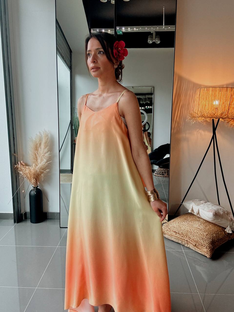 Robe longue fluide en viscose asymetrique - tie and die orange - Fenomen Paris