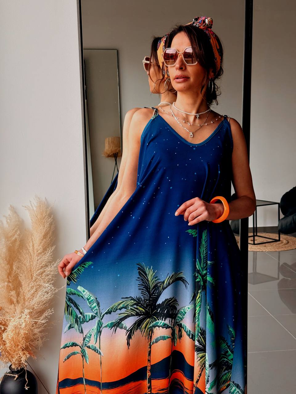 Robe longue bohème imprimée – Bleu nuit & coucher de soleil - Fenomen Paris