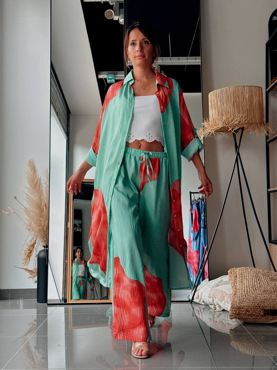 Ensemble chemise longue & pantalon – Imprimé graphique vert - Fenomen Paris