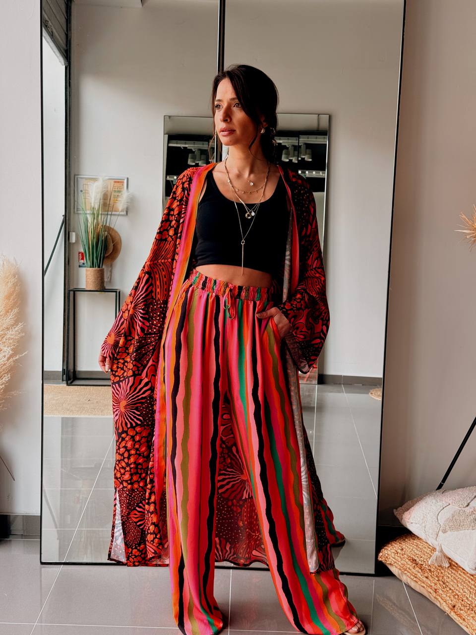 Ensemble long kimono & pantalon imprimé – orange - Fenomen Paris