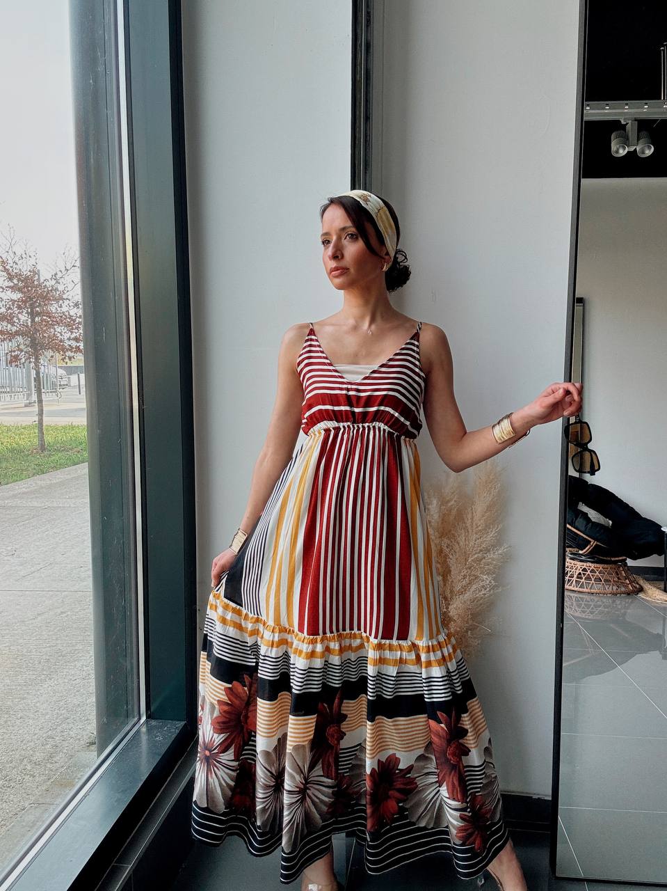 Robe Longue Bohème Multicolore – Imprimé Rayures & Floral-marron - Fenomen Paris