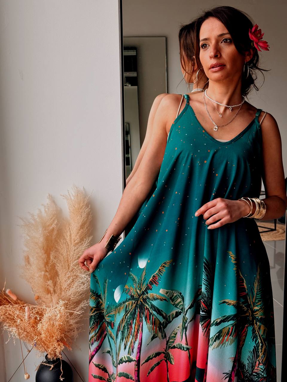 Robe longue bohème imprimée – Vert profond & coucher de soleil - Fenomen Paris