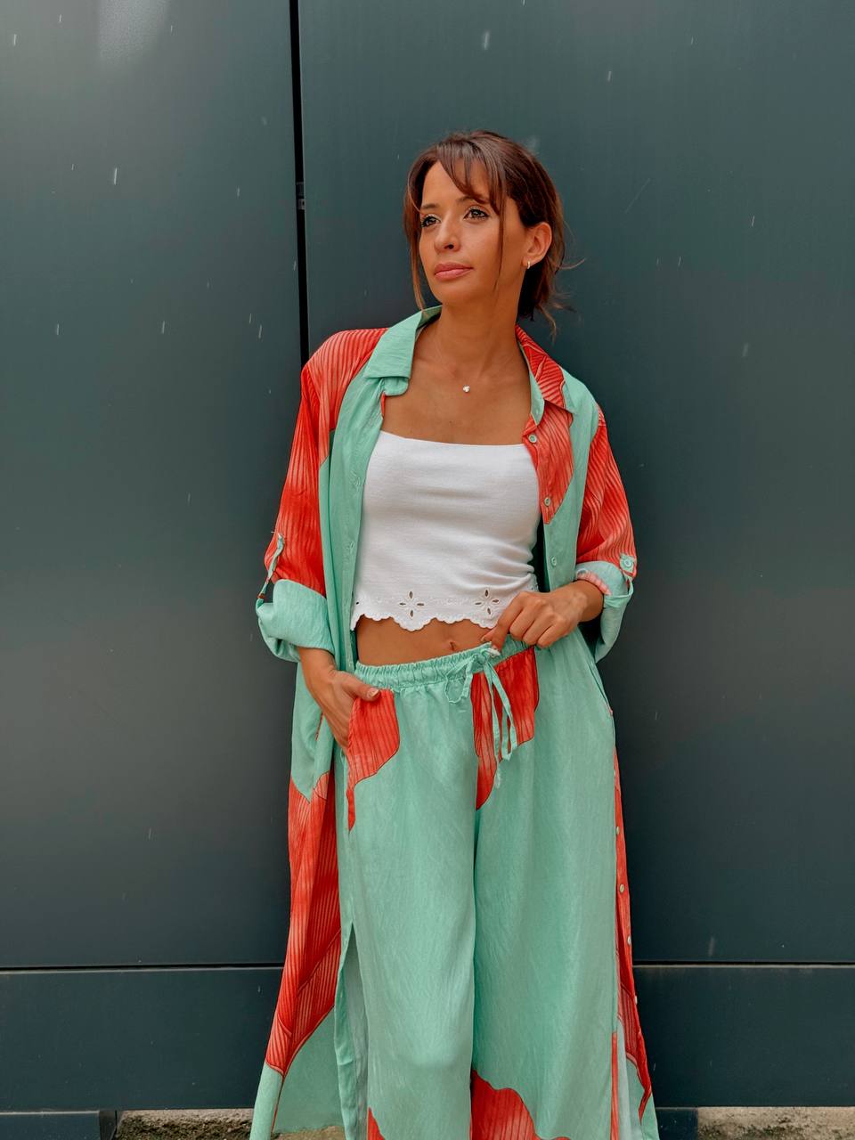 Ensemble chemise longue & pantalon – Imprimé graphique vert - Fenomen Paris
