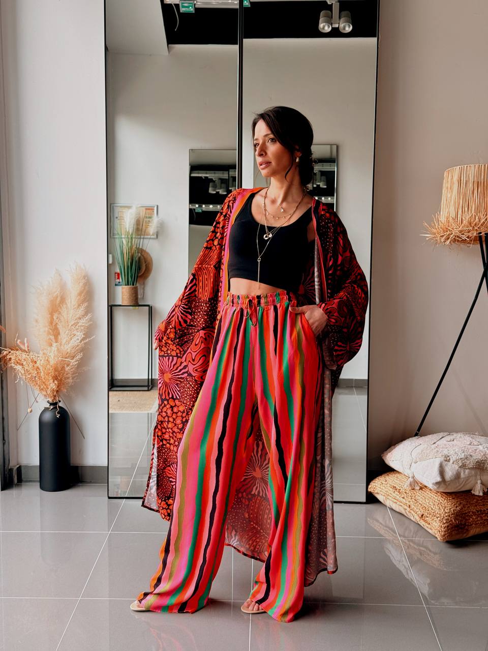 Ensemble long kimono & pantalon imprimé – orange - Fenomen Paris