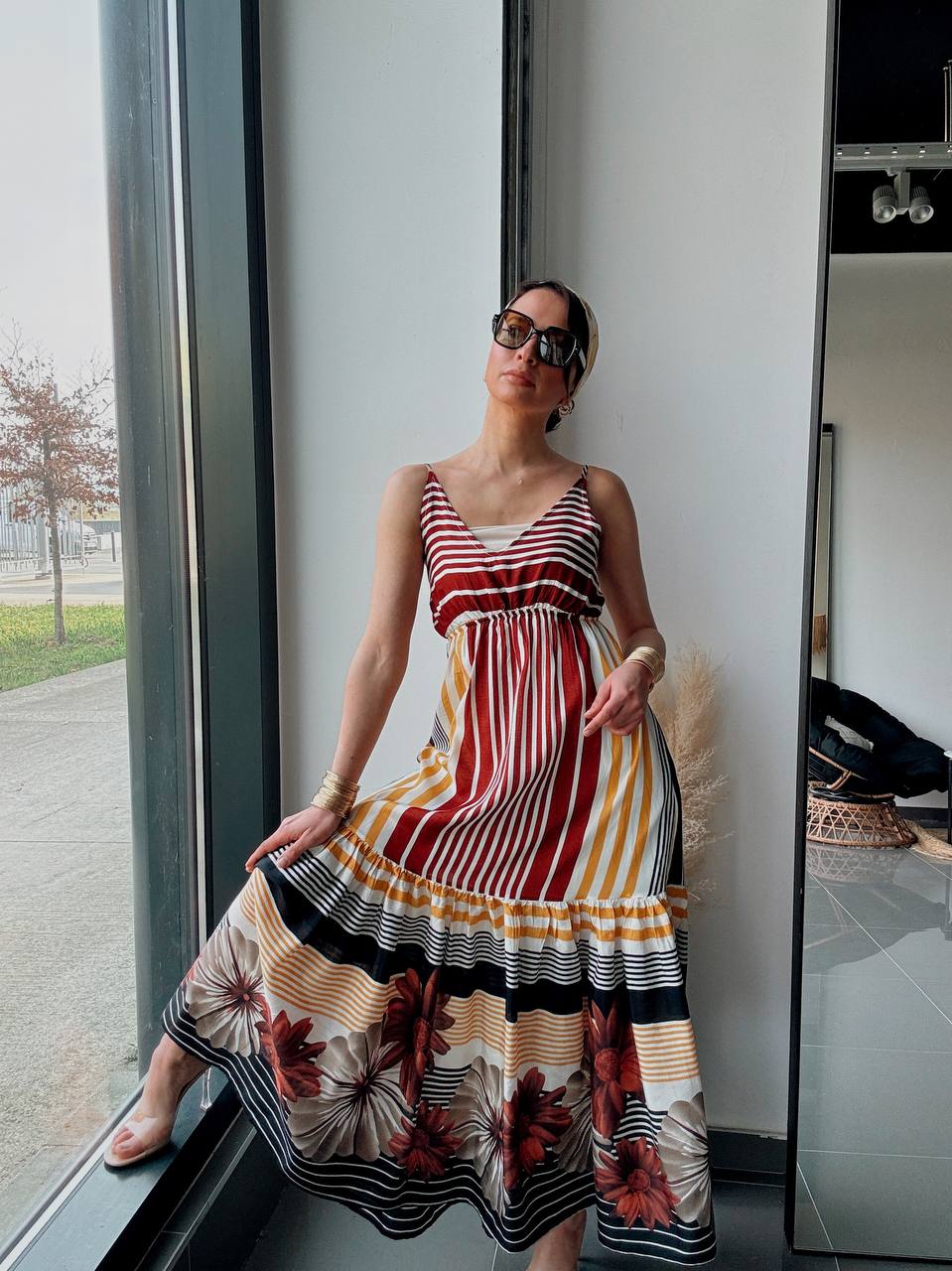 Robe Longue Bohème Multicolore – Imprimé Rayures & Floral-marron - Fenomen Paris