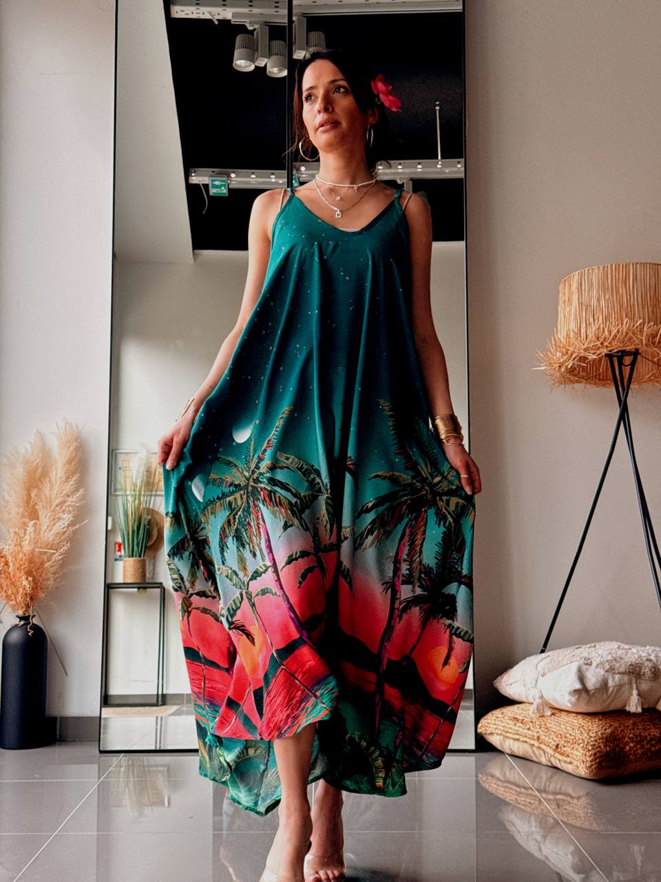 Robe longue bohème imprimée – Vert profond & coucher de soleil - Fenomen Paris