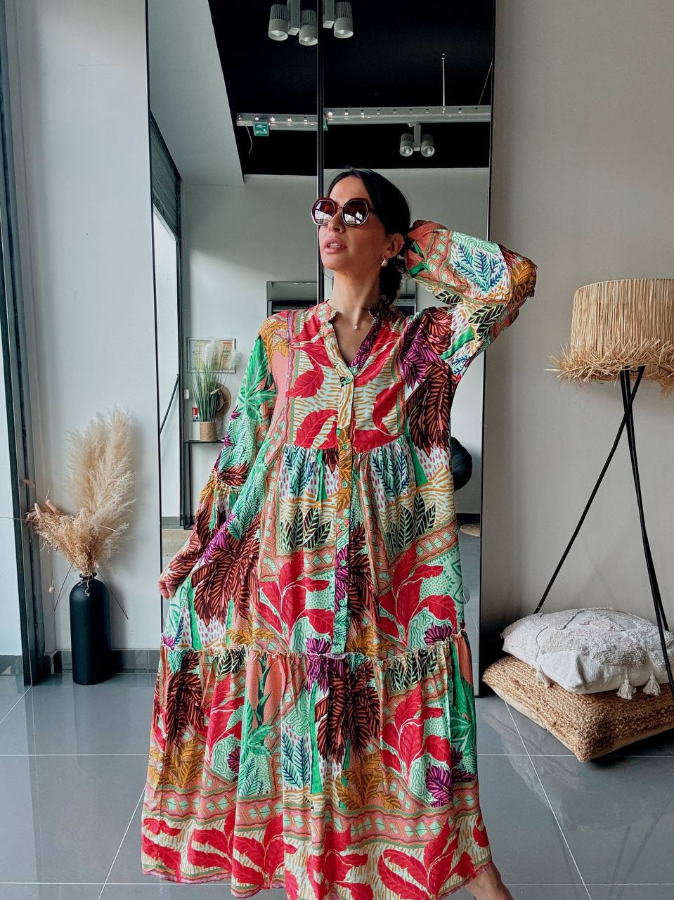 Robe longue bohème imprimée – Multicolore tropical-vert - Fenomen Paris