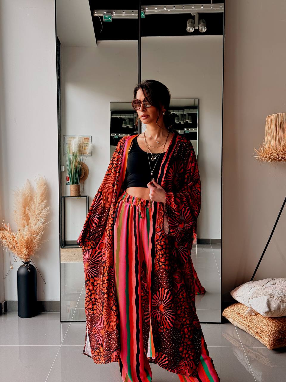 Ensemble long kimono & pantalon imprimé – orange - Fenomen Paris