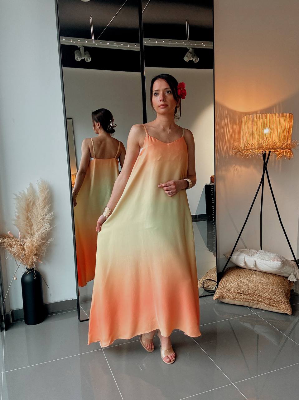 Robe longue fluide en viscose asymetrique - tie and die orange - Fenomen Paris