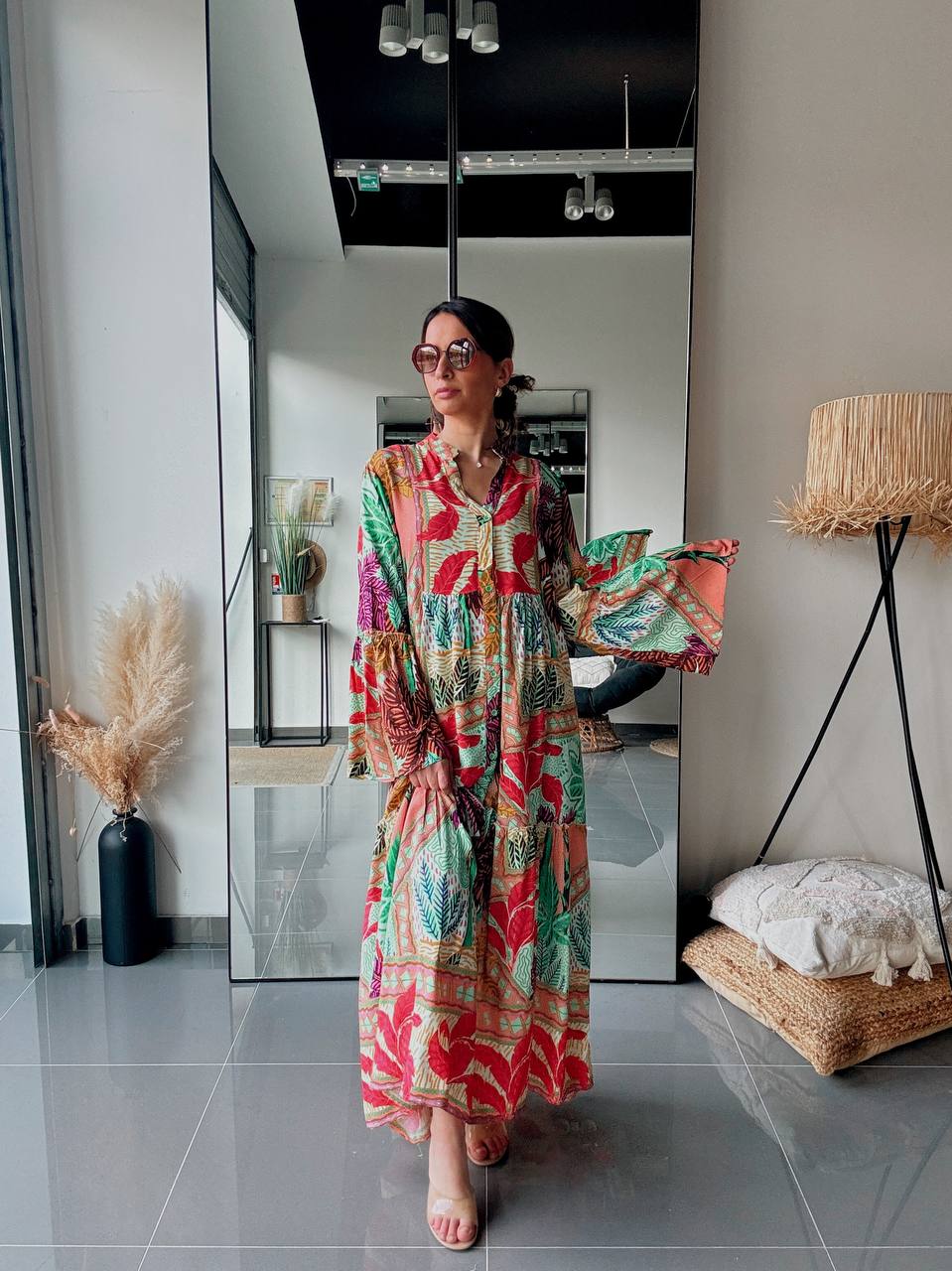 Robe longue bohème imprimée – Multicolore tropical-vert - Fenomen Paris