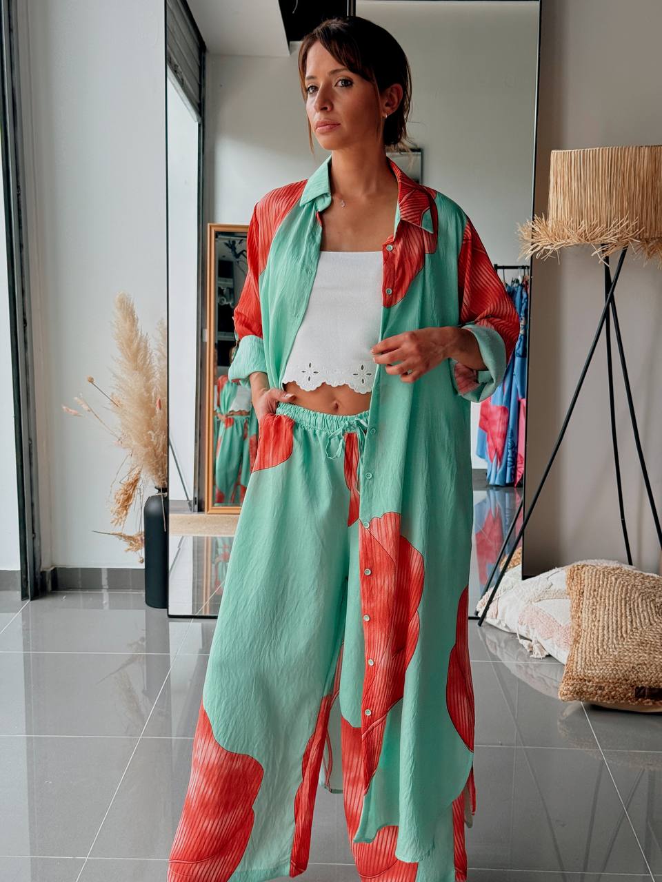 Ensemble chemise longue & pantalon – Imprimé graphique vert - Fenomen Paris