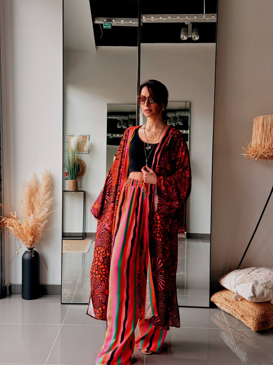 Ensemble long kimono & pantalon imprimé – orange - Fenomen Paris