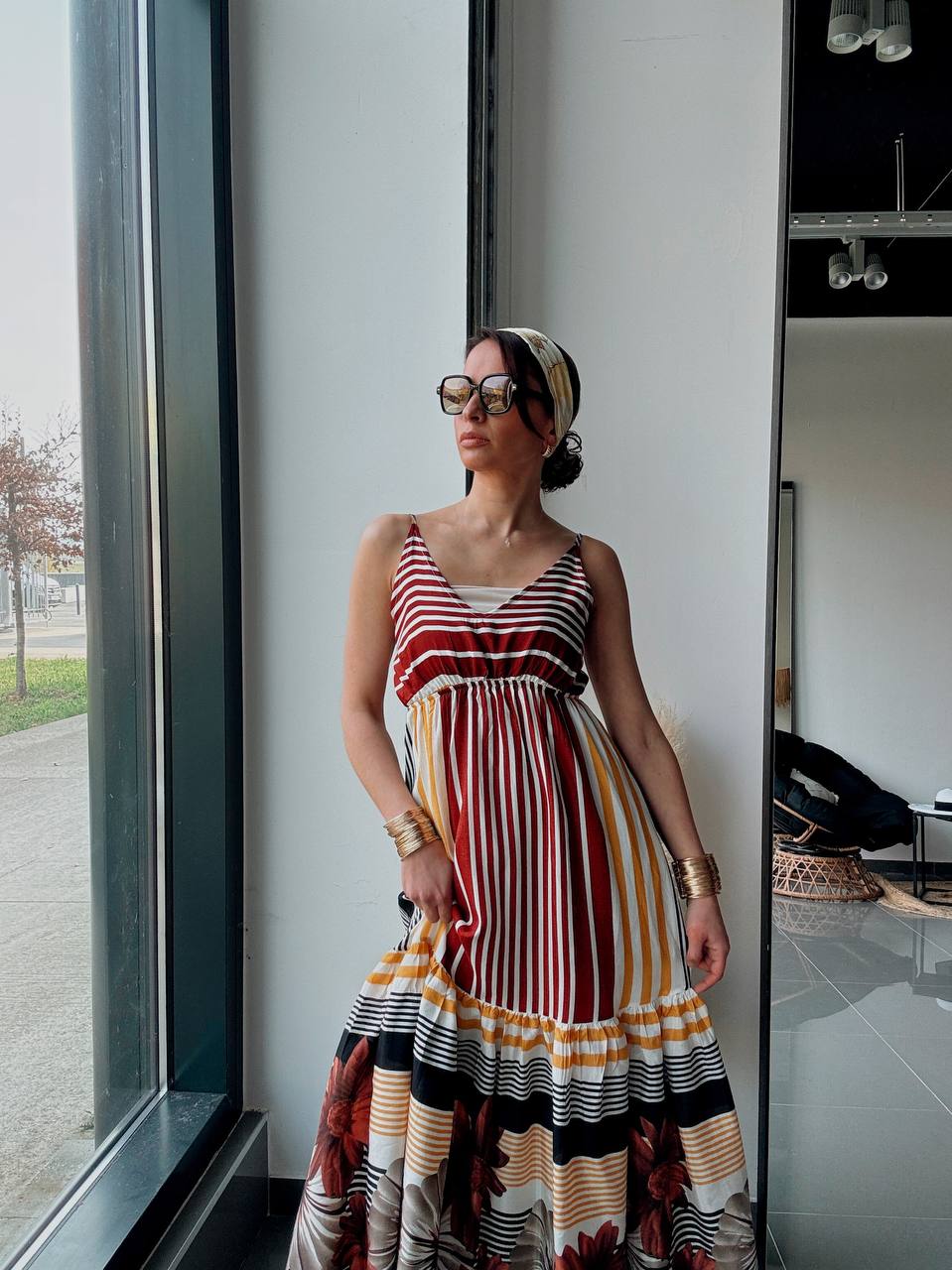 Robe Longue Bohème Multicolore – Imprimé Rayures & Floral-marron - Fenomen Paris