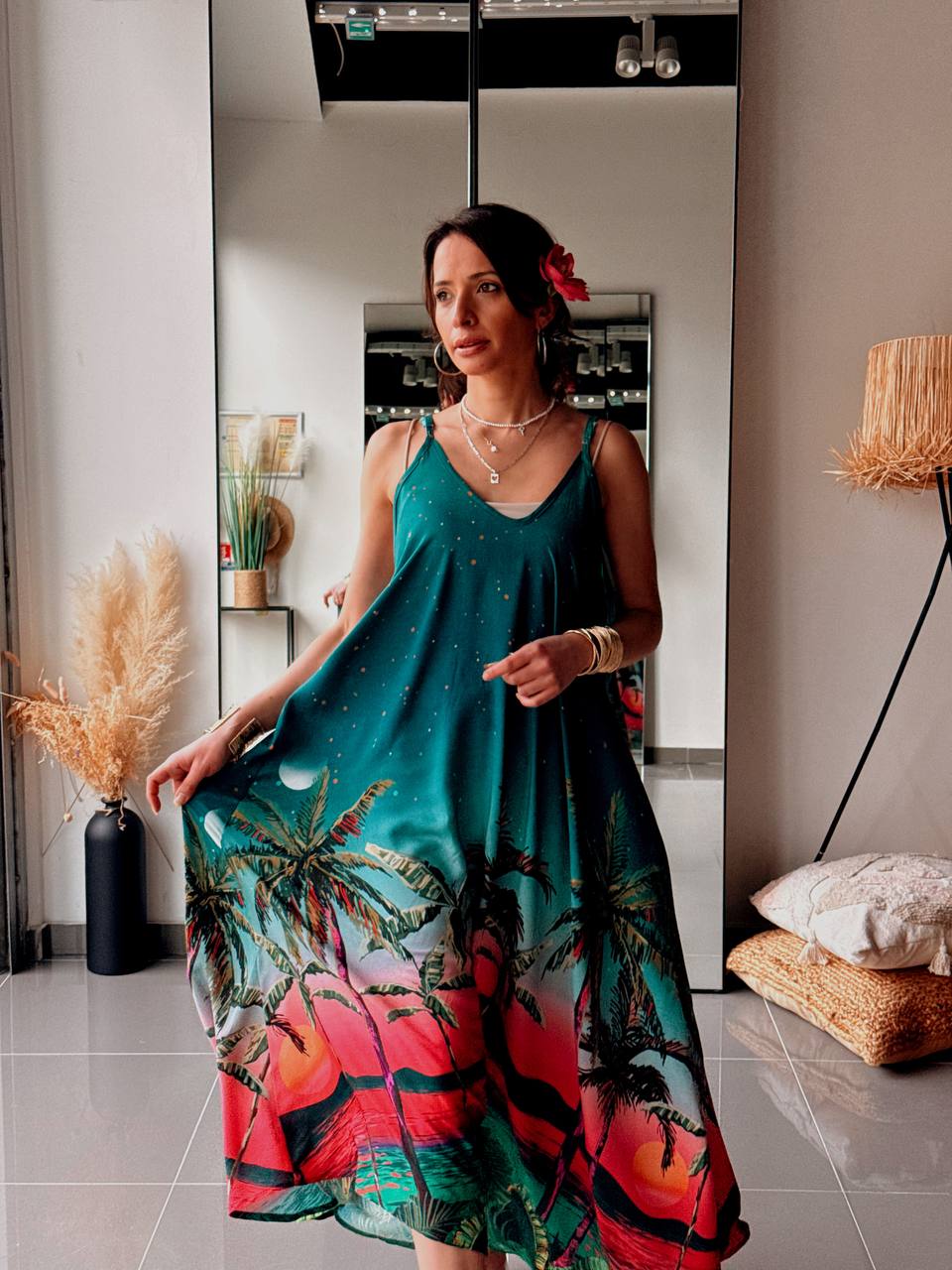 Robe longue bohème imprimée – Vert profond & coucher de soleil - Fenomen Paris