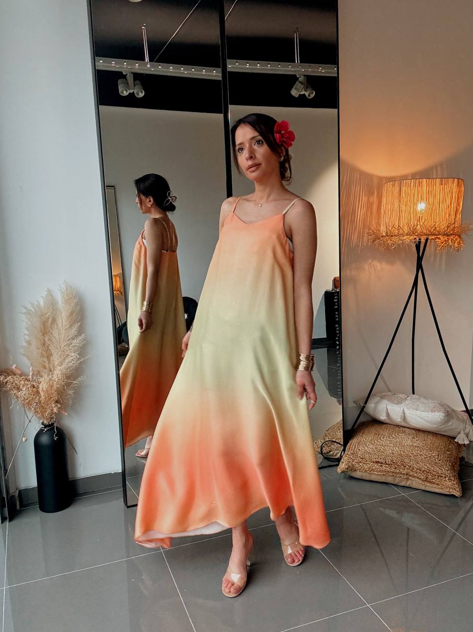 Robe longue fluide en viscose asymetrique - tie and die orange - Fenomen Paris