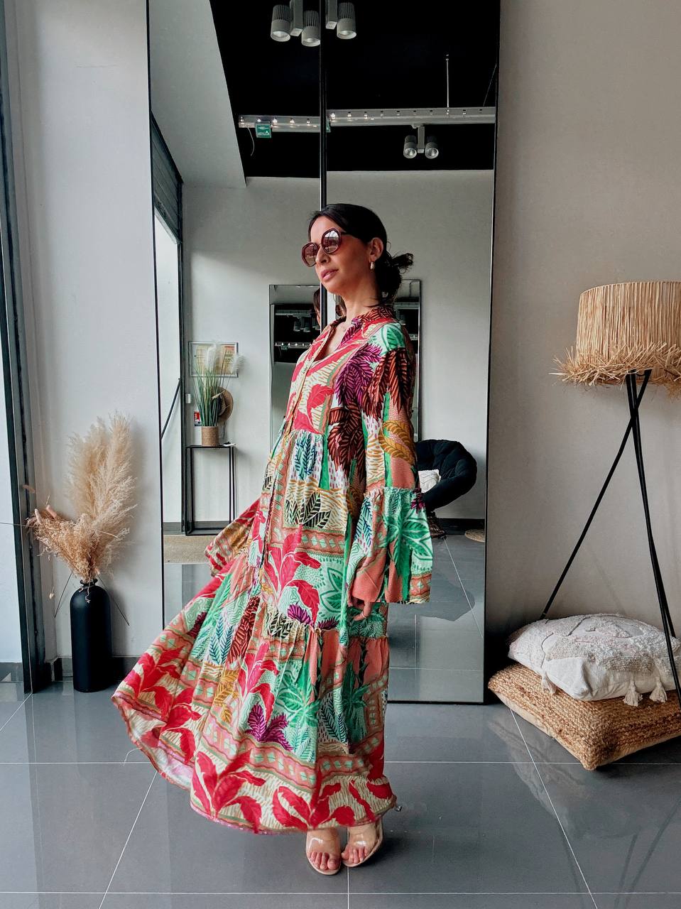 Robe longue bohème imprimée – Multicolore tropical-vert - Fenomen Paris