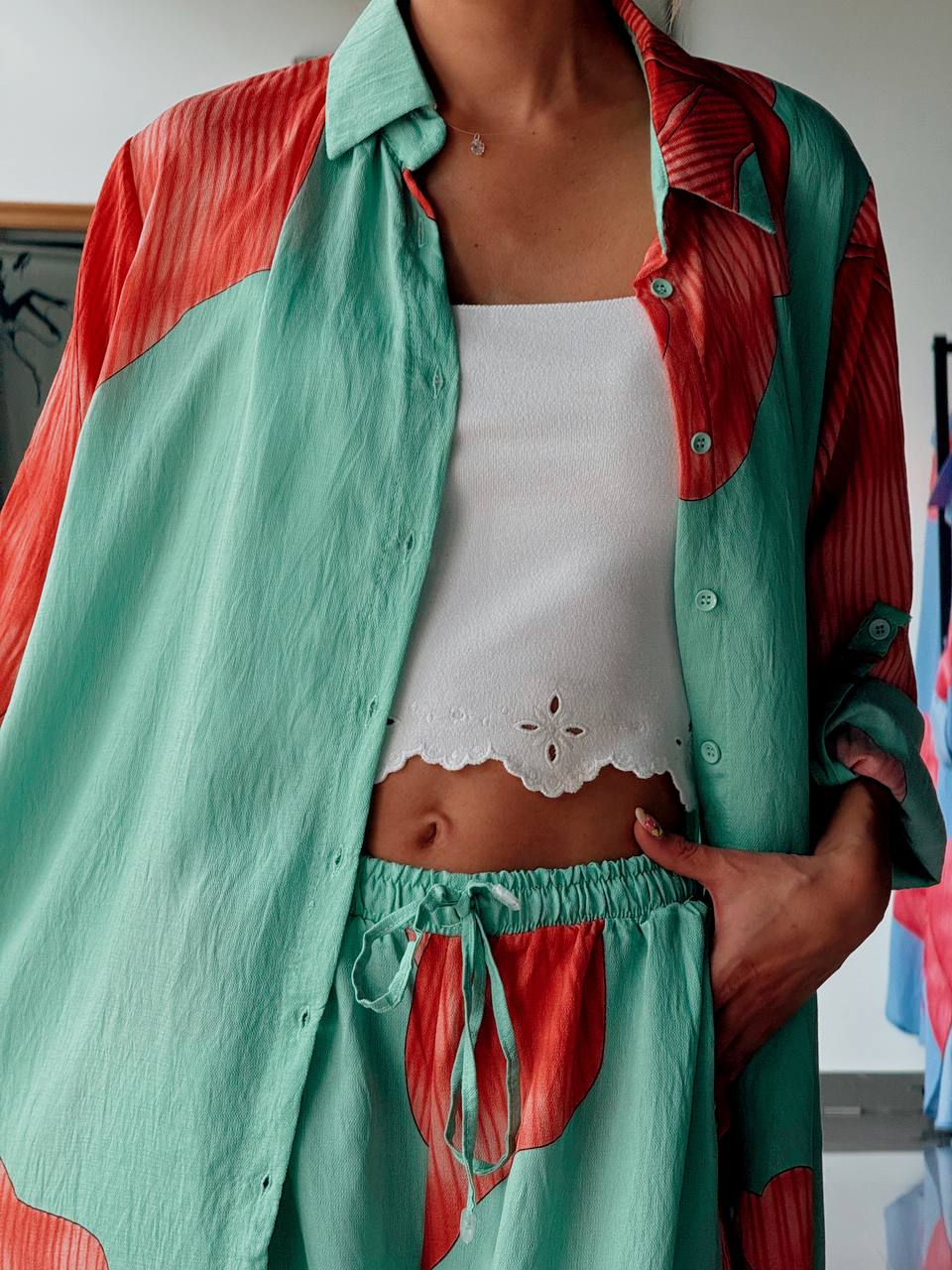 Ensemble chemise longue & pantalon – Imprimé graphique vert - Fenomen Paris